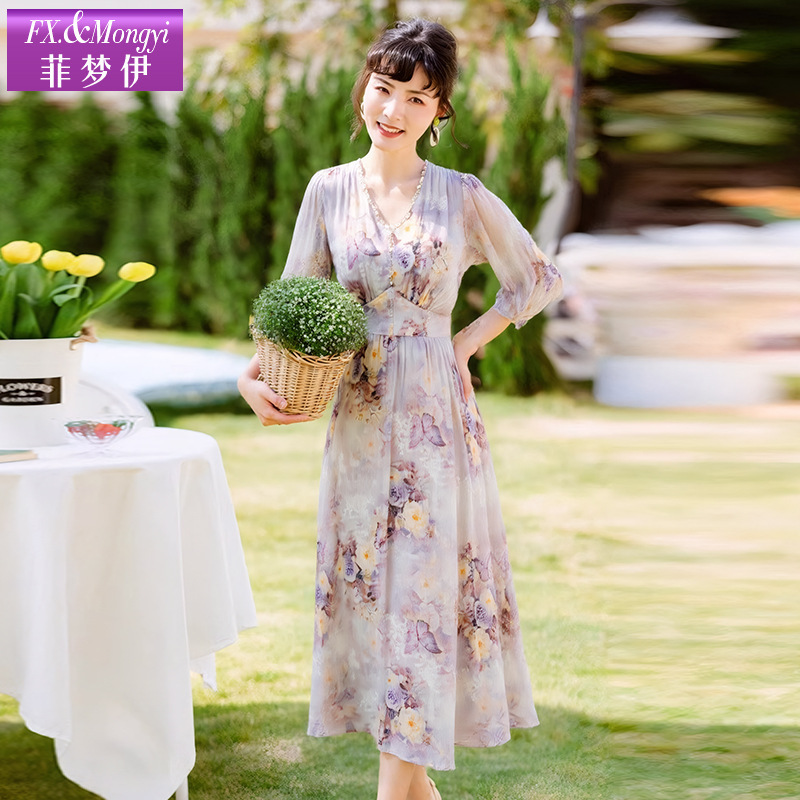 Feimengya リネンステッチシルクドレス女性の夏の高品質デザインマルベリーシルクプリントビーズロングスカート|undefined