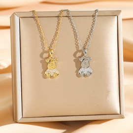 钛钢印花小熊吊坠轻奢跨境宴会项链女网红百搭锁骨链钛钢链条高级