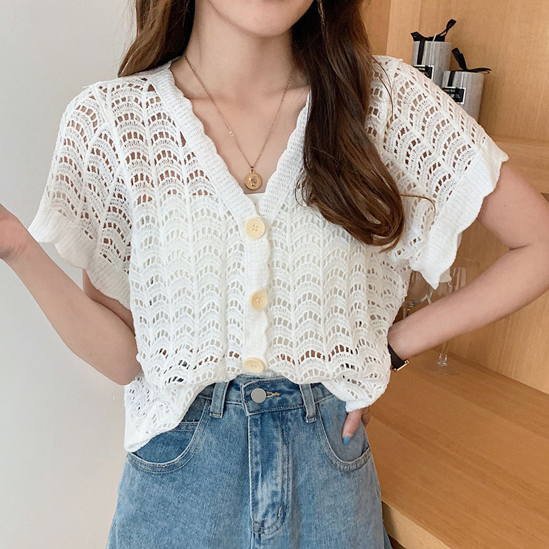 Short-sleeved sweater cardigan new Korean style hollow loose thin all-match chic top women's spring design sense niche Short-sleeved sweater cardigan new Korean style hollow loose thin all-match chic top women's spring design sense niche
