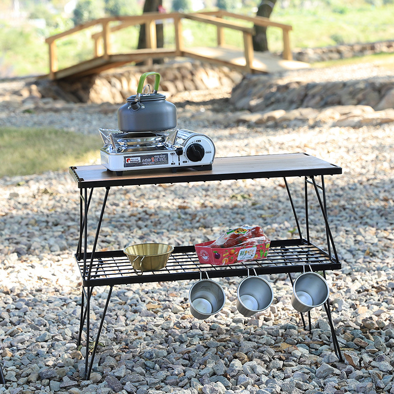 Outdoor Multifunctional Folding Net Table BBQ Camping Portable Bamboo Board Table Camping Picnic Tableware Drain Rack Grid Table