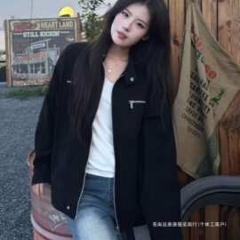 美式复古立领黑色夹克外套女秋季宽松高级感休闲男女早秋工装上衣