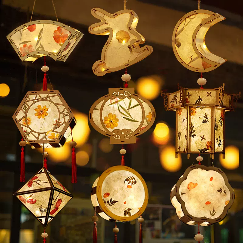 中秋节古风花草纸灯笼diy手工花灯材料包儿童手提兔子宫灯批发