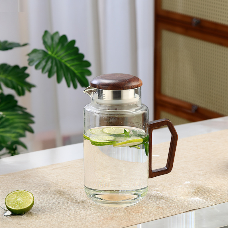 Botella de agua fría de vidrio, taza de agua, olla fría de madera de vidrio para el hogar, olla de té retro resistente al calor, taza de té, juego de agua image 7