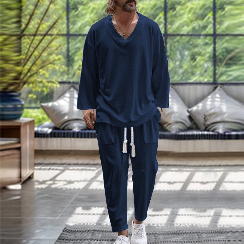 네이비 블루 브이넥 슈트