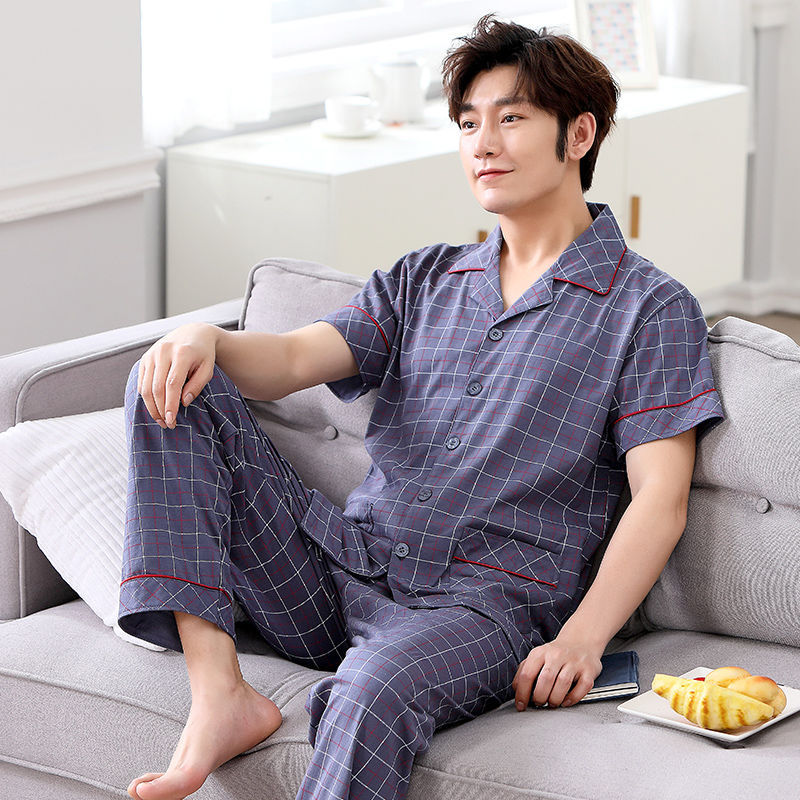 Pijamas pantalones de manga corta para hombres algodón verano delgado cardigan solapa ropa para el hogar más traje de tamaño