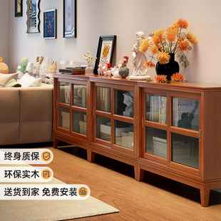 K*矮书柜落地客厅家用日式矮柜储物柜一体美式带玻璃推拉门实木书-阿里巴巴