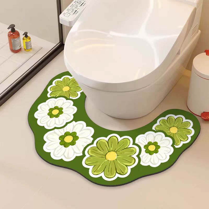 Fresh and Simple Bathroom Mat with Floral Pattern, U-Shaped Toilet Splash-Proof Urine-Absorbent Quick-Dry Non-Slip Household Foot Mat