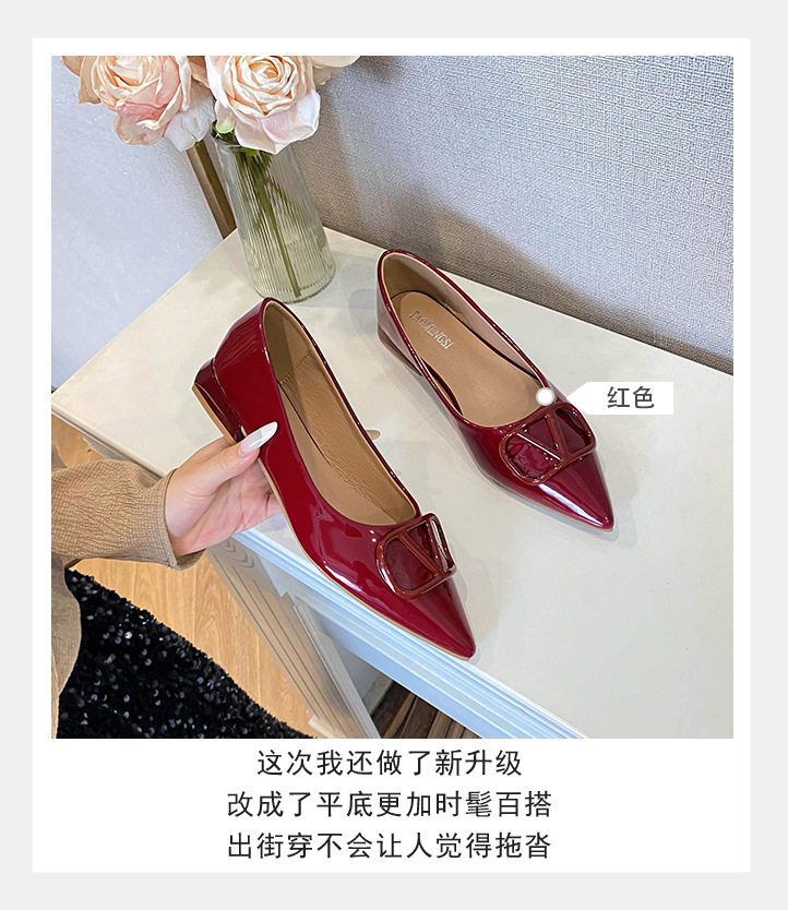 Giày bệt nữ mũi nhọn nhỏ, khóa chữ V, cổ thấp, đế bằng, phong cách tiểu thư, phù hợp xuân hè — màu đen, màu đỏ chi tiết 9