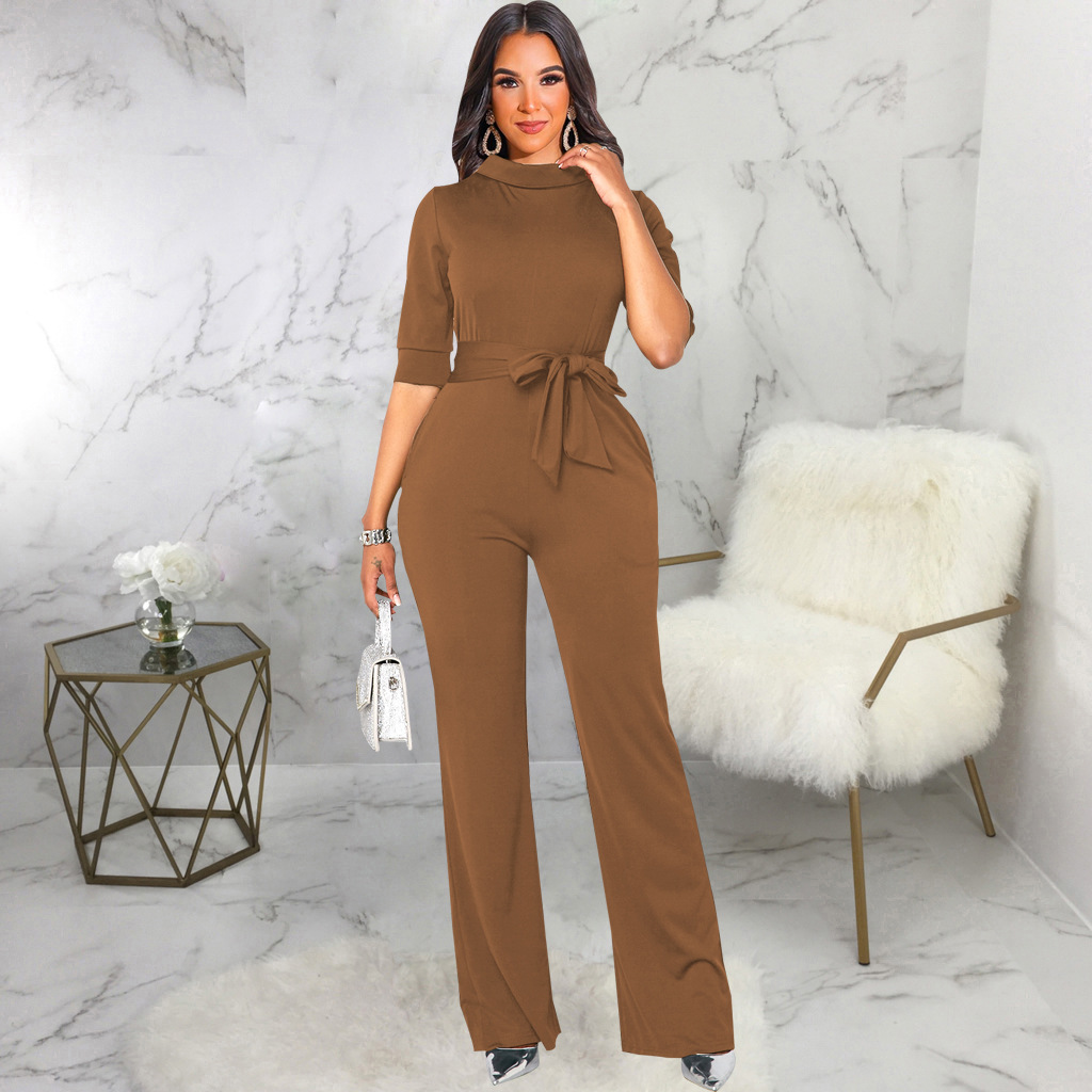 Solid Color Waist Lace Up Jumpsuit NSMRF116725