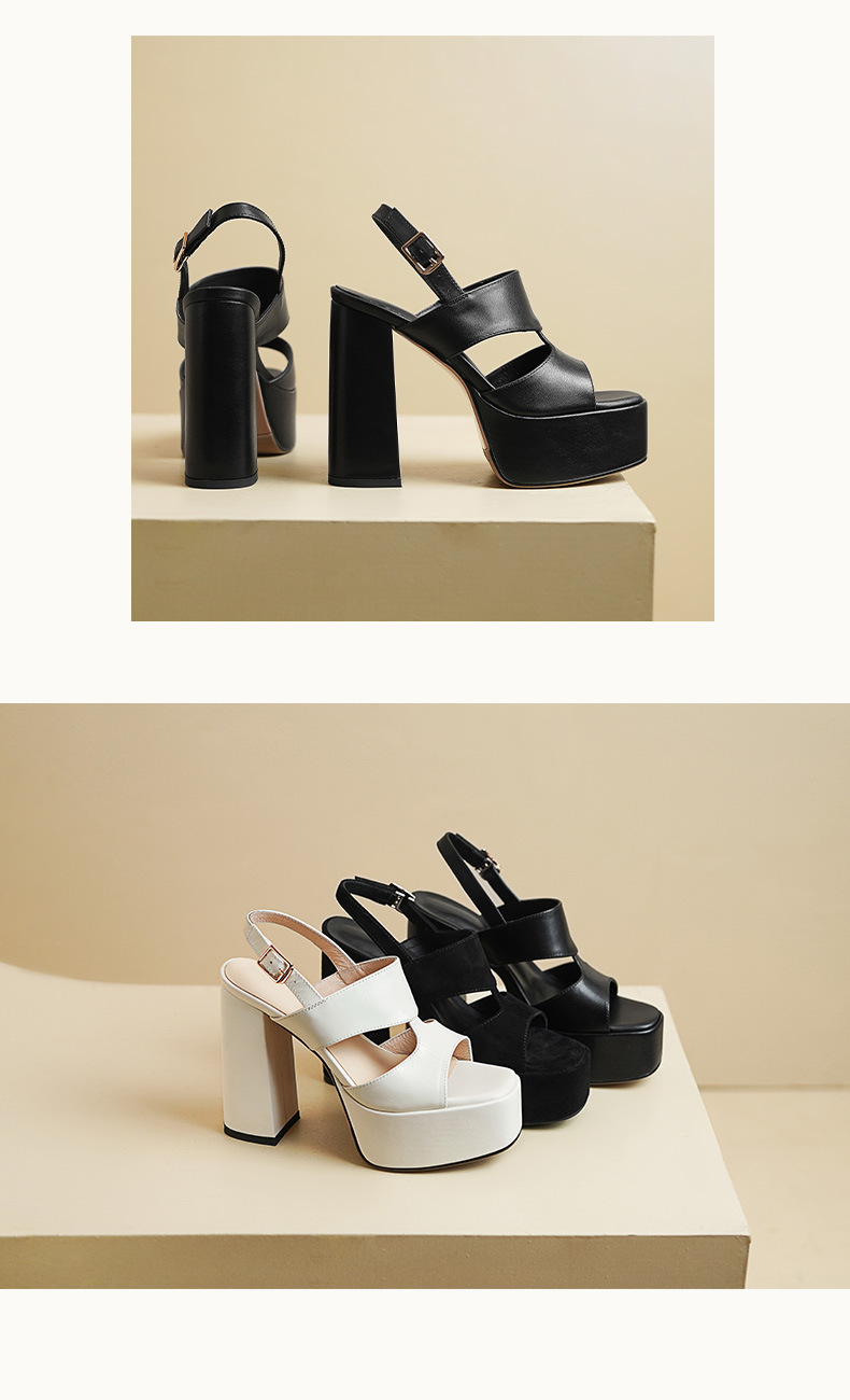 Sandal cao gót nữ hở mũi quai ngang khóa gót 12 cm — Da bò trắng gạo chi tiết 7
