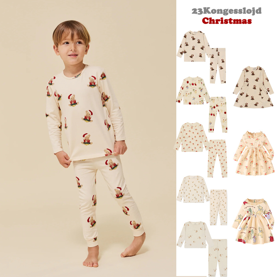 In-Stock Ks Same Style Autumn and Winter New Children's Clothing Christmas Bear All-Over Print Long-Sleeve Long Pants Set Dress Loungewear