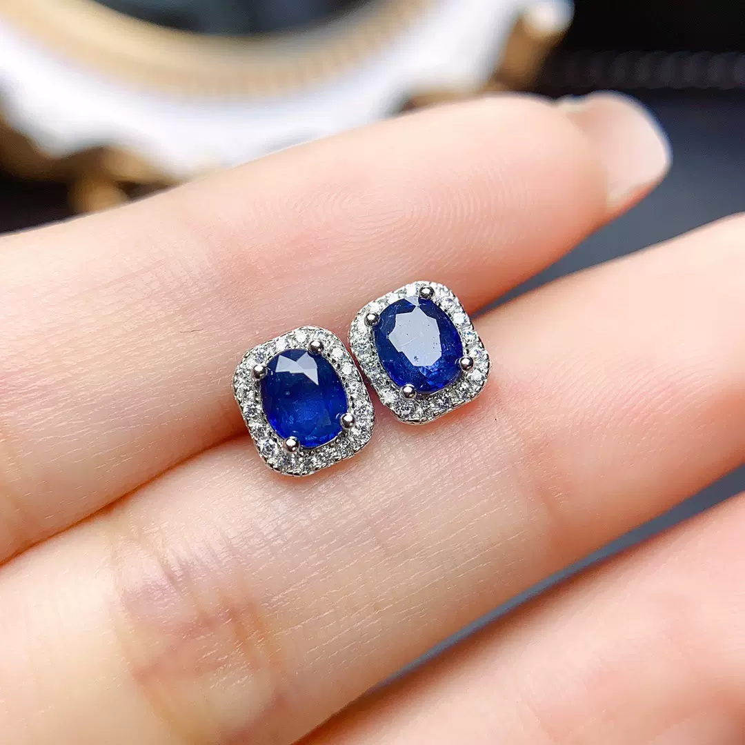 工厂批发爆款天然蓝宝石耳钉S925银镶嵌主石4*5热销欧美一件代发