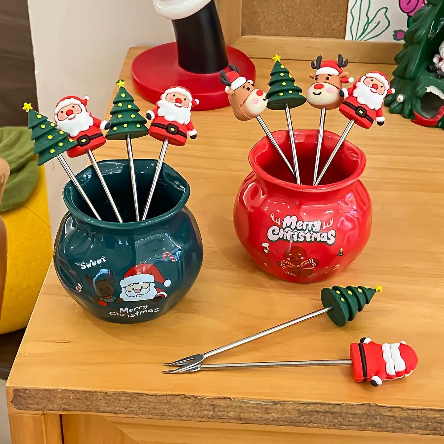 Bolsa de Navidad de cerámica contenedor de barril de acero inoxidable conjunto de horquilla de dibujos animados creativos horquilla de fruta de silicona etiqueta de postre