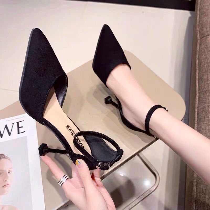 Pointed Toe High Heel Sandals with Ankle Strap, Versatile Single Shoes 2021, Thin Heel Professional High Heels, Hollow Cat Heels