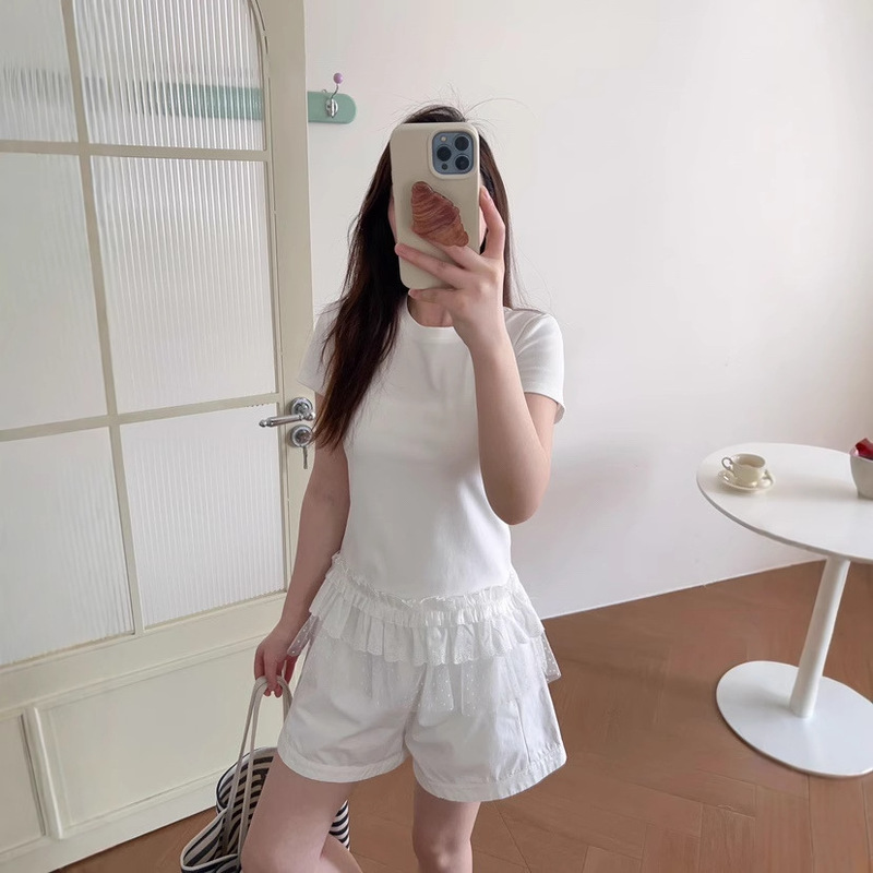Lower Skirt Lotus Leaf Lace Stitching Design Top Summer Round Neck Shoulder Short-sleeved T-shirt