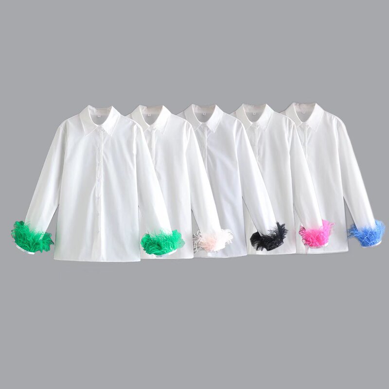 Foreign Trade European and American Ins Style Women's Clothing Za2023 Spring Niche Design Cuffs Feather Decoration Casual Shirt Foreign Trade European and American Ins Style Women's Clothing Za2023 Spring Niche Design Cuffs Feather Decoration Casual Shirt