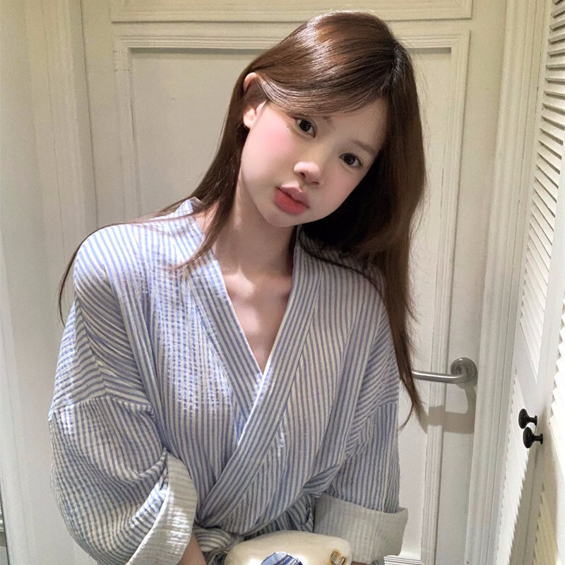Simple and Fresh Striped Print Nightgown Sleepwear for Women, New 2026 Spring and Autumn Long-Sleeve Loungewear Bathrobe
