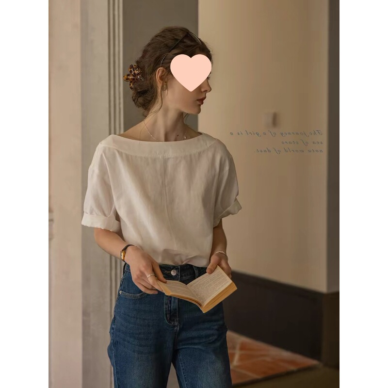 "Like the Wind, There Is a Message" Linen Lyocell Casual Boat-Neck Tie-Up Top, Reversible Short-Sleeve Blouse