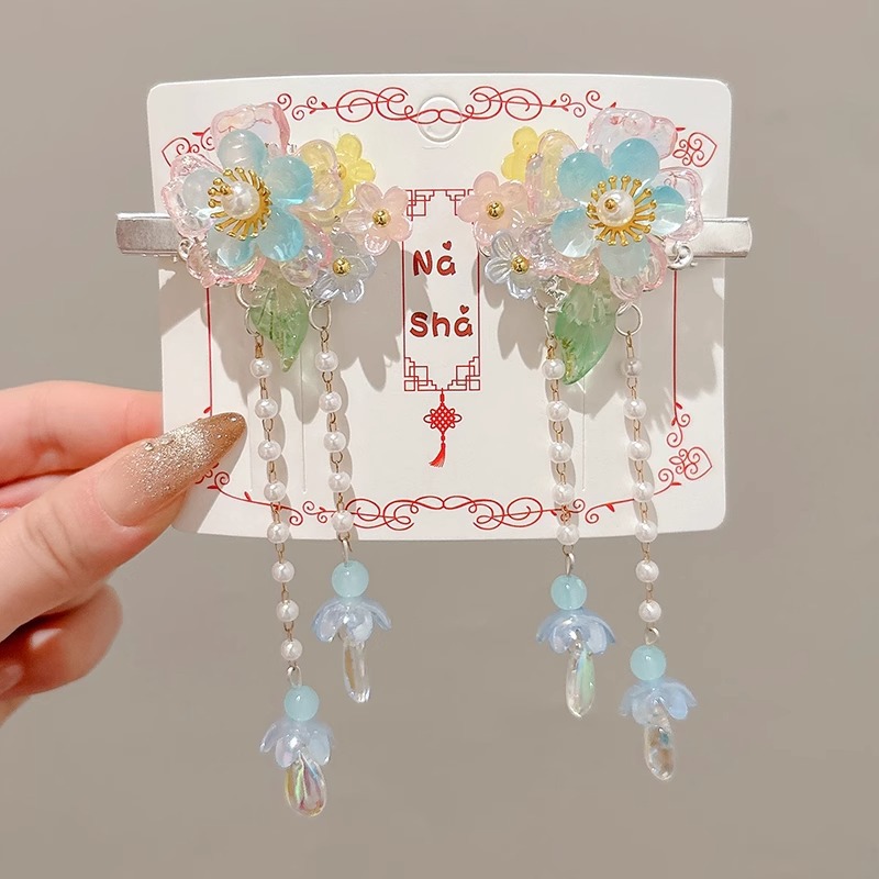 Niños flores de perlas para el cabello de mujeres estilo antiguo estilo Han toque de cabello de niña super inmortal estilo nacional tarjeta de cabello de niña pequeña para el cabello de clips