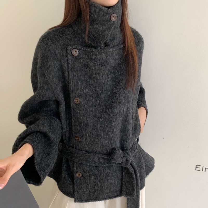 Korean Style Stand Collar Petite Double-Sided Wool Coat for Women, Short 2025 Autumn and Winter New Slim Woolen Jacket