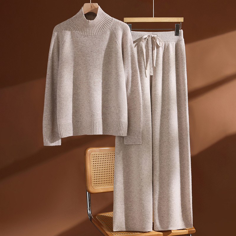 Autumn and Winter New Thickeneded High-Neck Pure Wool Sweater Women's Flat Knitted Wide-Leg Pants Casual Pants Two-Piece Suit