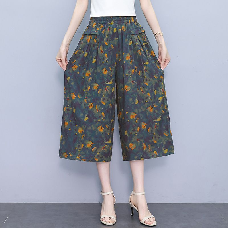 Summer Cotton Silk Wide-leg Pants Women's High Waist Elasticated Waist Draping Mother's Large Sling Skirt Pants