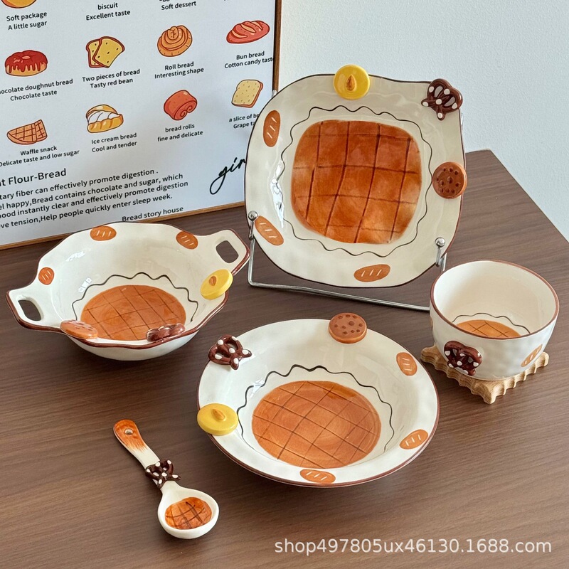 Ins Style Caramel Biscuit Series Ceramic Bowl Cute Cartoon Breakfast Plate Salad Bowl Home Creative Tableware Set
