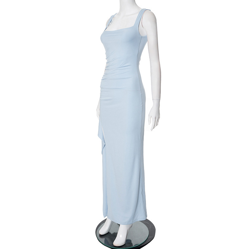 Women Clothing Spring Summer Solid Color Backless Pleated Tassel Split Dress Women