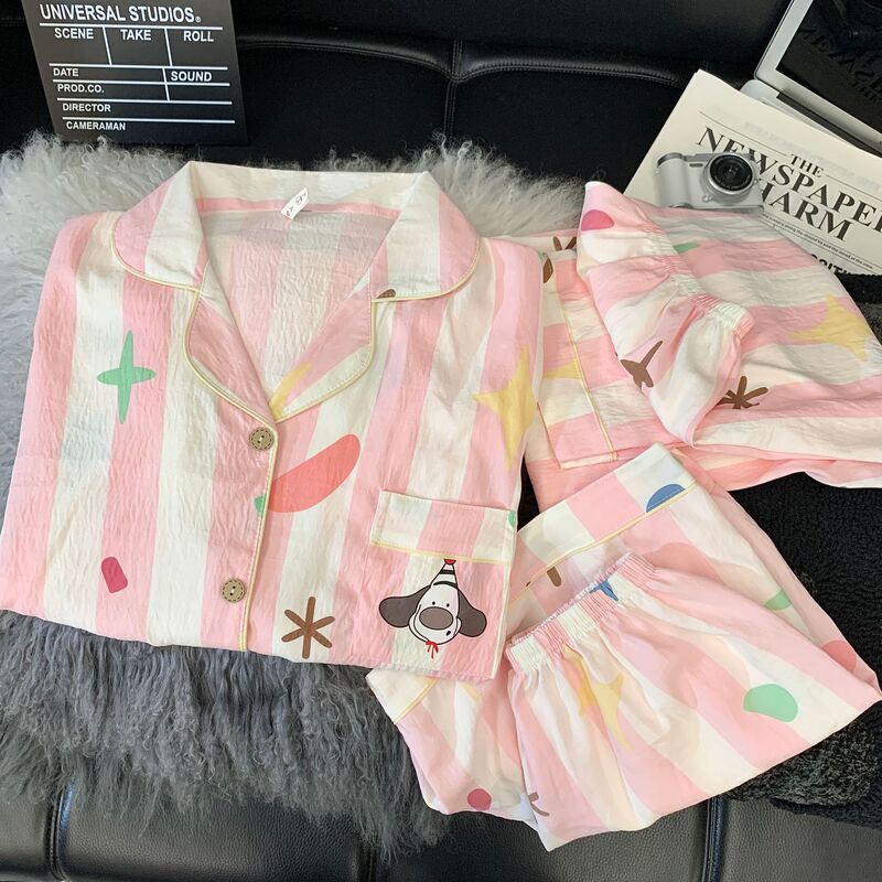 【蓝豹纹凯蒂猫】蓝色豹纹短袖云朵绵三件套褐色领睡衣女夏家居服|undefined