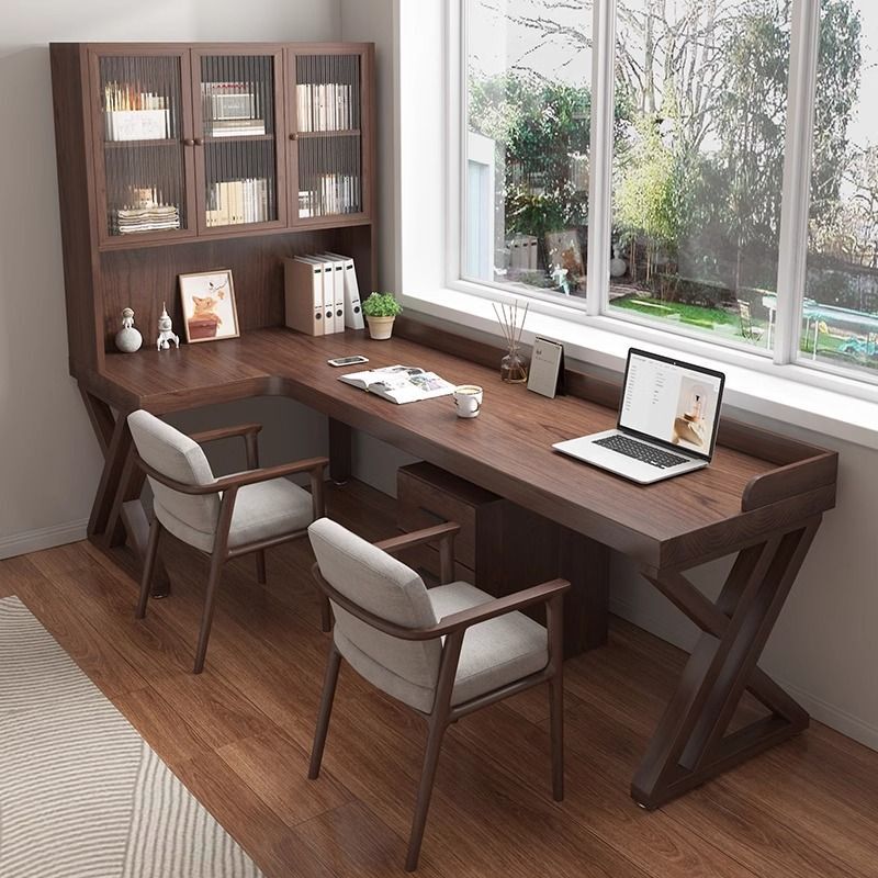L-Shaped Solid Wood Corner Desk with Glass Doors, Home Office Desk in Black Walnut, Integrated Corner Computer Desk