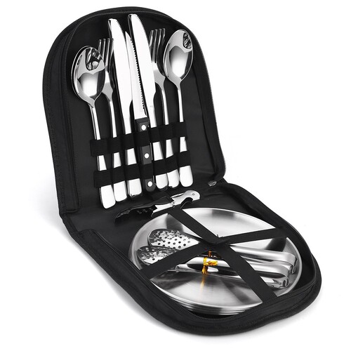 Cross-border tableware stainless steel 24-piece set outdoor camping portable handbag Western food knife, fork, spoon plate, travel tableware