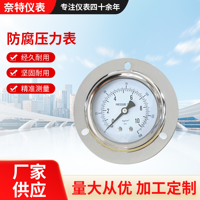 防腐压力表10公斤油压 轴向 法兰孔中心孔距 76mm和78mm 喇叭口