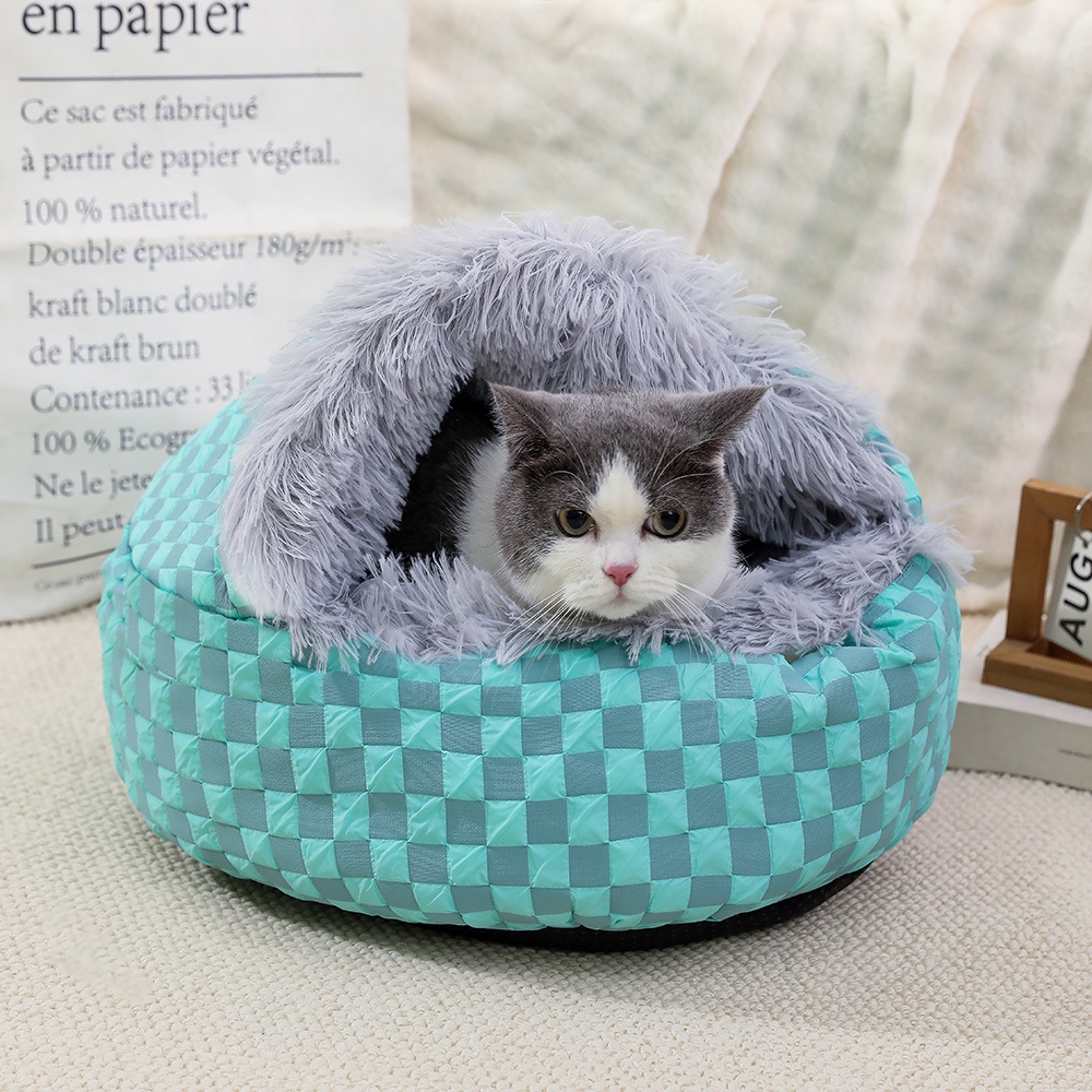 Cálido invierno nido para mascotas concha nido para gatos semicerrado nido de algodón de felpa engrosado caseta para perros semicerrada cama para perros