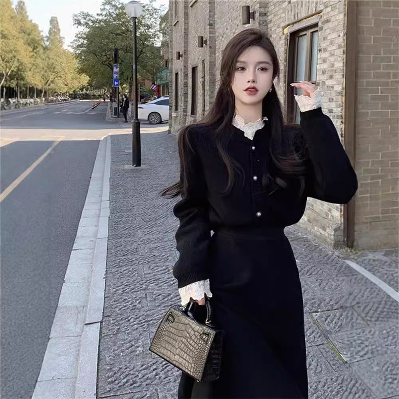 French-style Black Knitted Lace Cardigan Jacket Women's Autumn and Winter Hepburn Style suit High Waist Skirt Two-piece Set