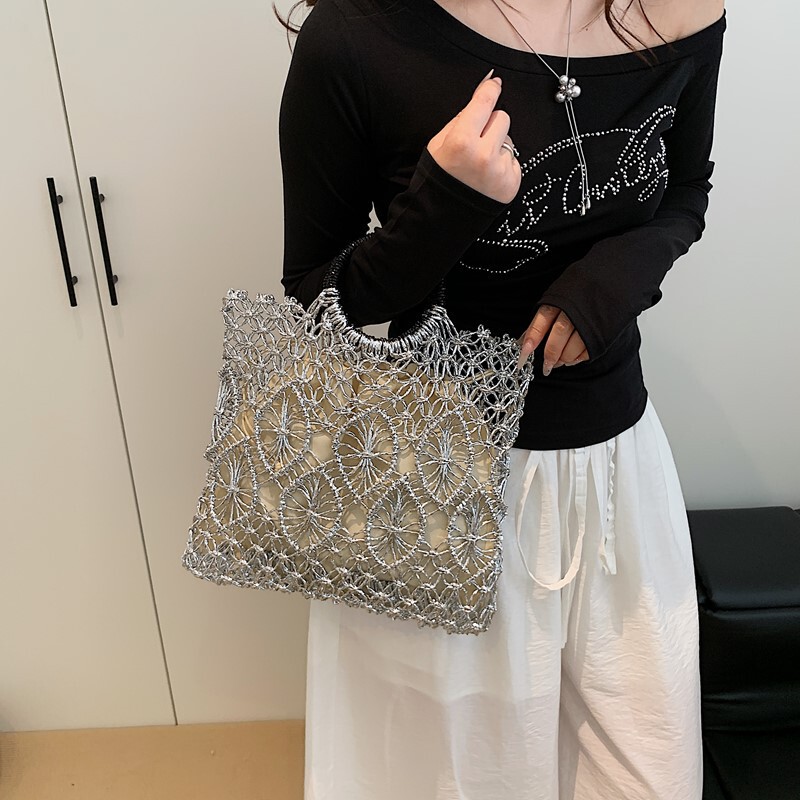 2025 夏超人気ハンドバッグ女性のメタリック中空織り海辺リゾートスタイルカジュアル多用途ハンドバッグ|undefined