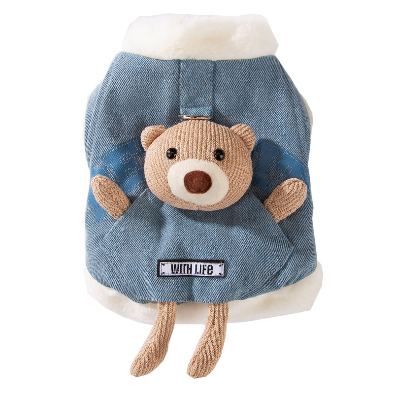Bolsillo estereoscópico oso vaquero tracción chaleco sin mangas de dos patas mascota gato otoño invierno grueso ropa de gato mascota