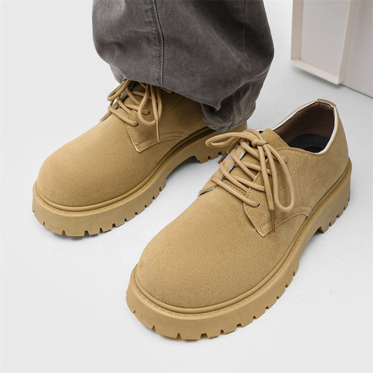 Derby Shoes 2025 New Summer Low-Top Boots Men's Retro Work Shoes Thick-Soled Heightening Breathable Suede Shoes