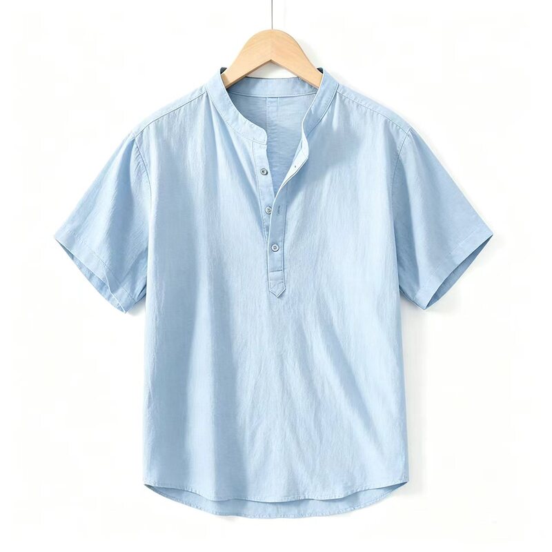 2026 Summer Men's Stand-Up Collar Cotton and Linen Short-Sleeved Shirt, Linen Casual Shirt, Work Clothing Loose Top, Breathable T-Shirt
