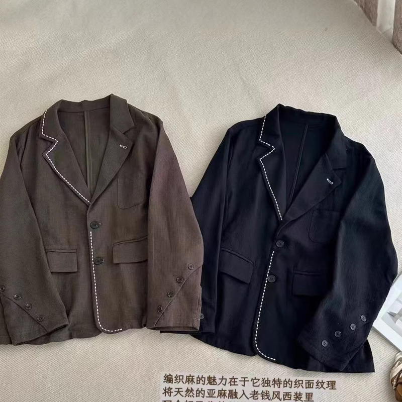Old Money Style Woven Linen Color-Blocked Embroidered Casual Solid Color Blazer for Women Old Money Style Woven Linen Color-Blocked Embroidered Casual Solid Color Blazer for Women
