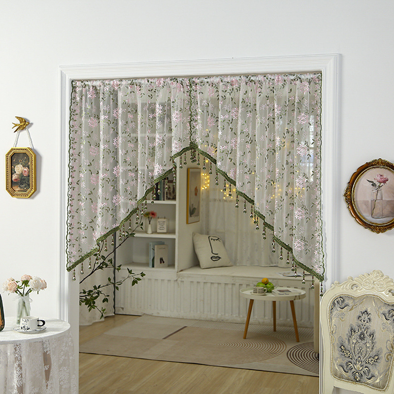 French-Style Door Curtain, Vintage Lace Short Curtain Partition, No-Drill Half Curtain, Embroidered Entrance Hallway Bedroom Blocking Door Curtain