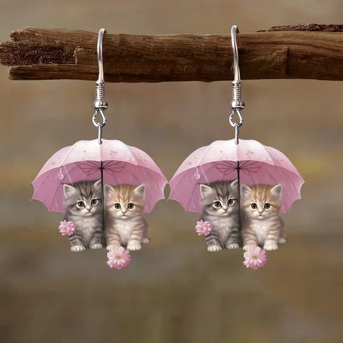 Cute Umbrella Cat Acrylic Earrings — Romantic Cat Earrings Perfect for Gift-Giving This Year