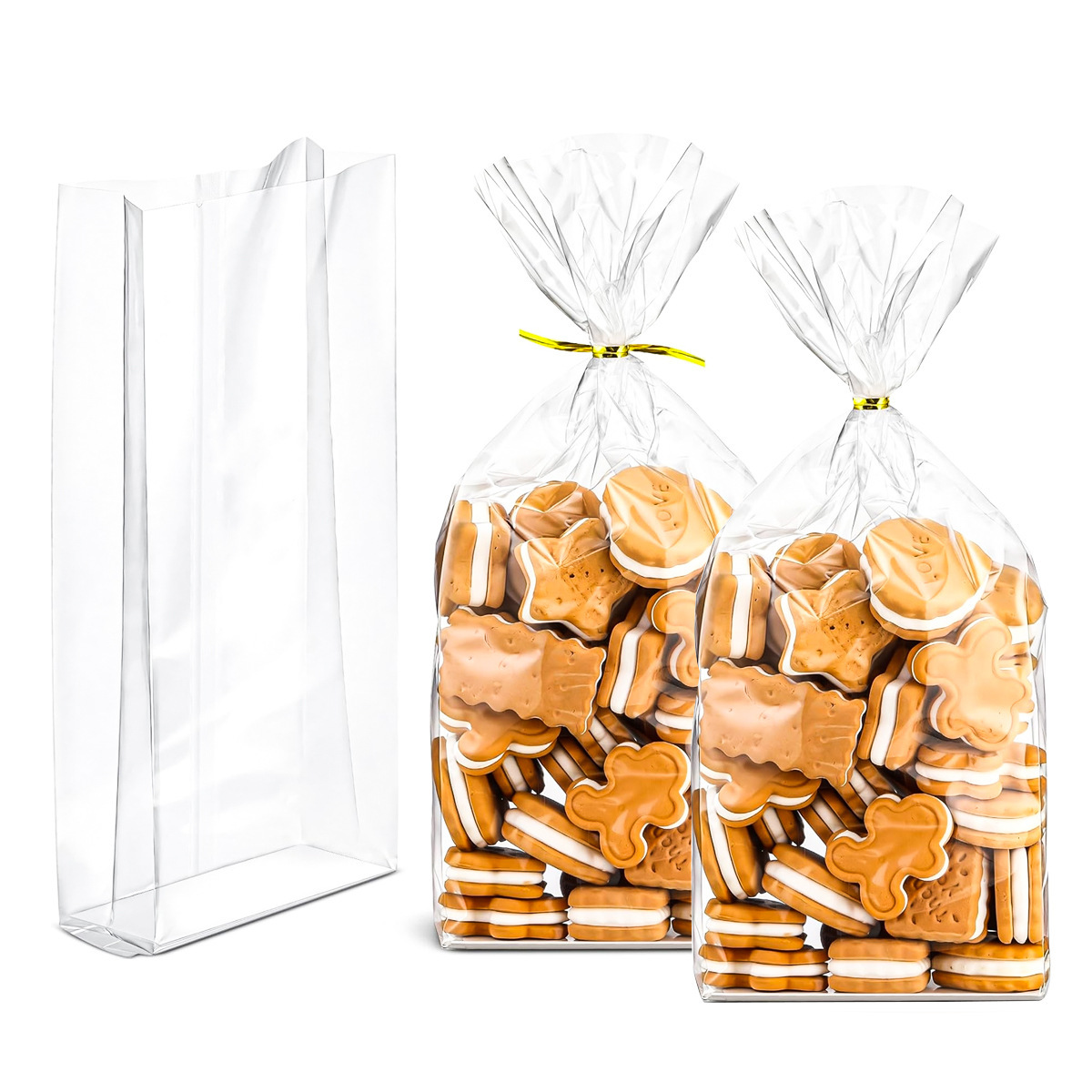 Lotes transparentes de bolsas de vidrio cóncavas insertadas en bolsas de plástico de bolsillo plano de pan dulces palomitas de maíz