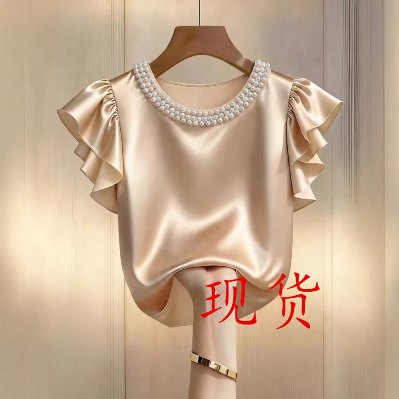 2026 New Style French Satin Shirt for Women, Summer High-End Ruffled Pearl Collar Design Top