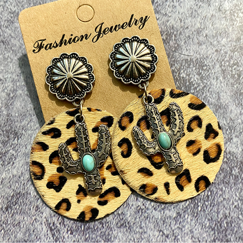 1 Pair Bohemian Cactus Alloy Leather Inlay Turquoise Women's Drop Earrings display picture 3