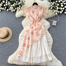 欧美新中式国风连衣裙女2025夏季设计感重工碎花刺绣拼接不规则长