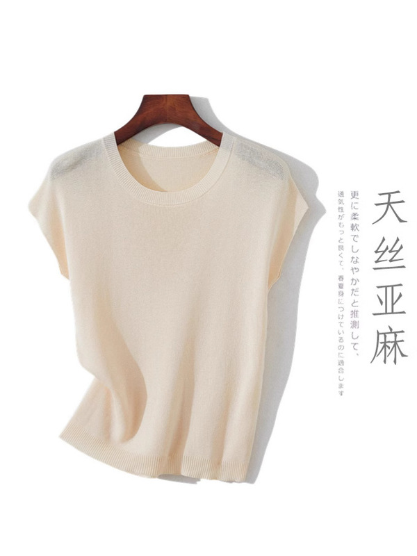 テンセルリネンセーター半袖Tシャツレディース2025夏万能痩身ボトムシャツ無地トップルーズ|undefined