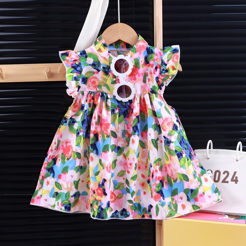 Girls' Floral Dress with A-Line Hem, Cute Princess Dress, Children's Puffy Dress, Summer Outfit for Middle-Aged Children, Sweet Style Girls' Floral Dress with A-Line Hem, Cute Princess Dress, Children's Puffy Dress, Summer Outfit for Middle-Aged Children, Sweet Style