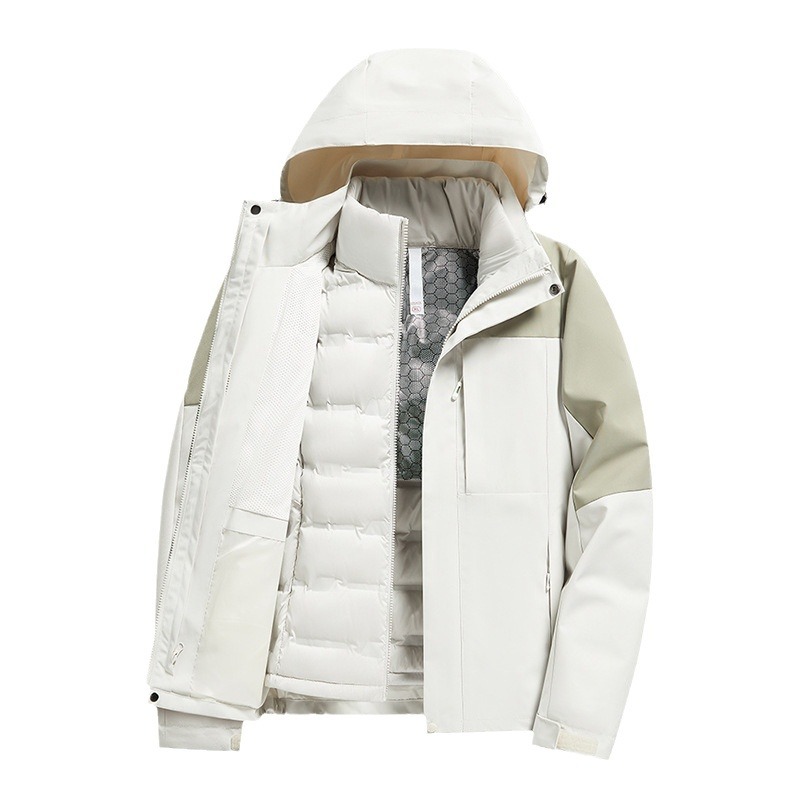 Plumón al aire libre tres en uno desmontable a prueba de viento impermeable viaje traje de montaña chaqueta para hombres y mujeres al aire libre image 5