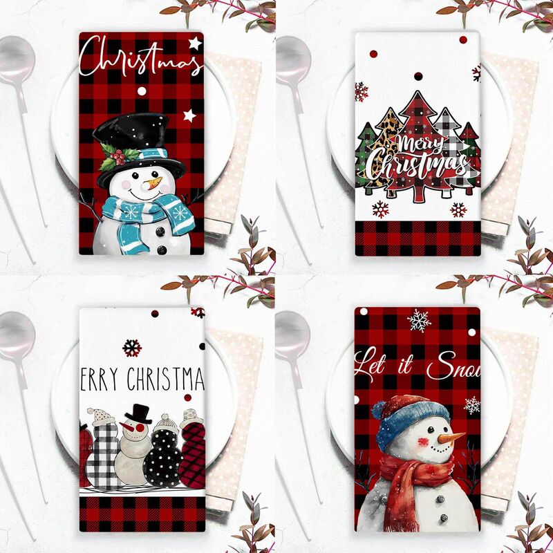 Cross-border Hot Sale Christmas Kitchen Dish Towel Small Towel Christmas Snowman Holiday Printed Dining Table Decorative Towel