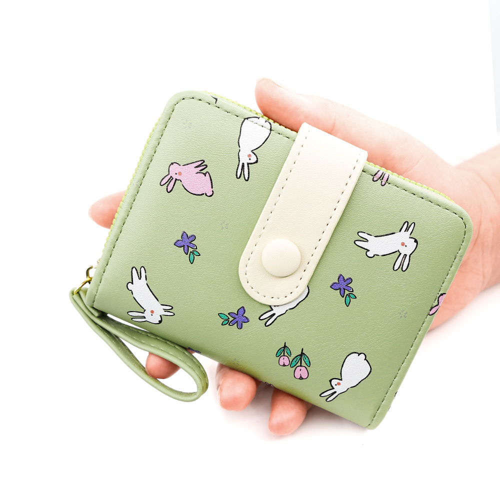 Cute conejo impresión billetera de mujer corta tarjeta de órgano hebilla bolso de cambio bolso de identificación con cremallera bolso de mano